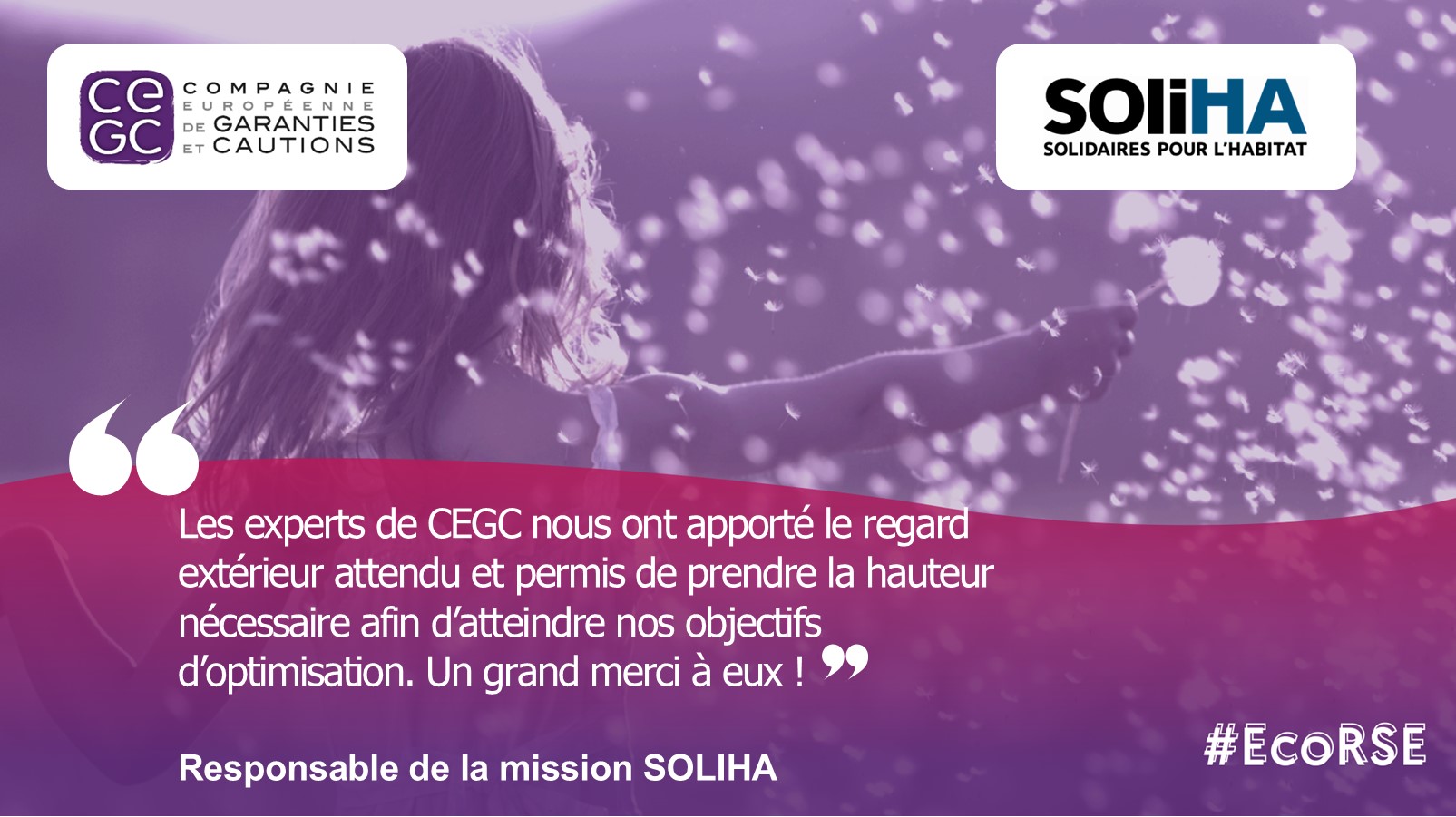 Photo décorative qui porte les deux logos CEGC et SOLIHA ainsi que le hashtag EcoRSE. Au milieu, on peut lire un message de la Responsable de la mission SOLIHA : "Les experts de CEGC nous ont apporté le regard extérieur attendu et permis de prendre la hauteur nécessaire afin d'atteindre nos objectifs d'optimisation. un grand merci à eux !"